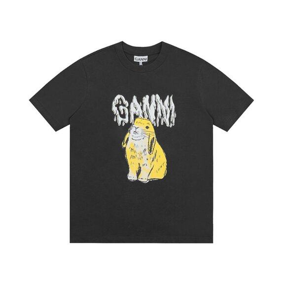 Ganni Yellow Cartoon Rabbit Print Black Short-Sleeved T-Shirt